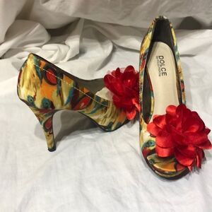 Mojo Moxy Multicolor Heels with Red Floral Accent